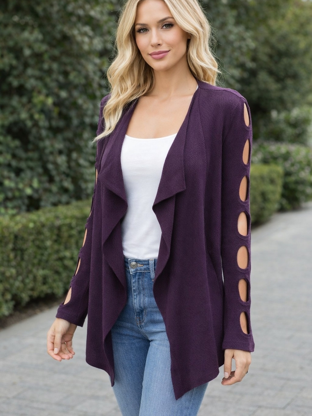 Neiman Marcus Deep Purple Open-Front Cardigan with Sleeve Cutouts